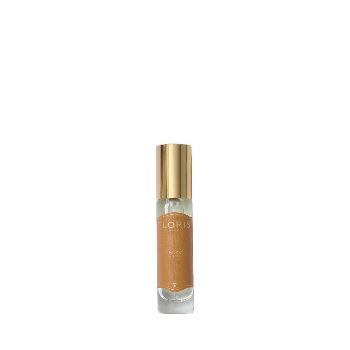 A small glass bottle of Floris London EU's "Celest - Eau de Parfum" with a gold cap, shown against a plain white background.