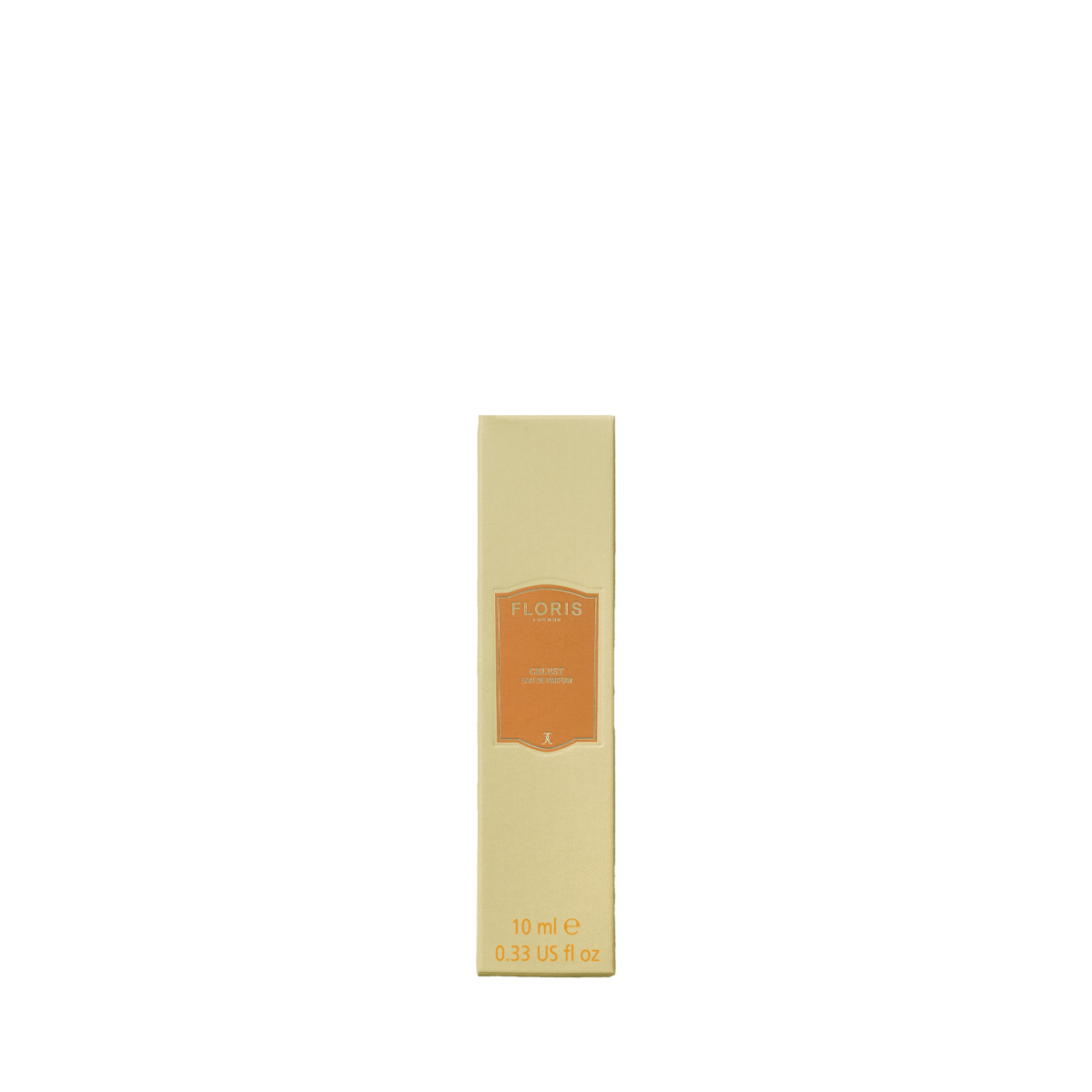 A rectangular beige Celest - Eau de Parfum box from Floris London EU with an orange label stands upright, showing 10 ml (0.33 US fl oz) on the front.