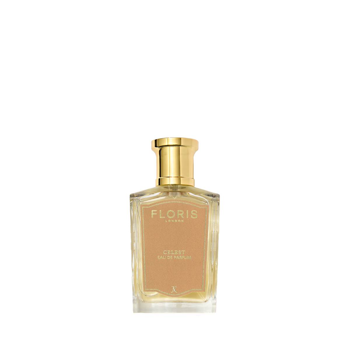 A clear glass bottle of Celest - Eau de Parfum by Floris London EU with a gold cap, shown against a plain white background.