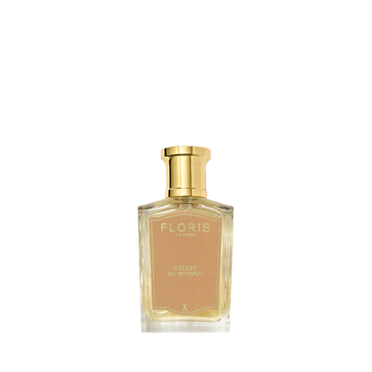 A clear glass bottle of Celest - Eau de Parfum by Floris London EU with a gold cap, shown against a plain white background.