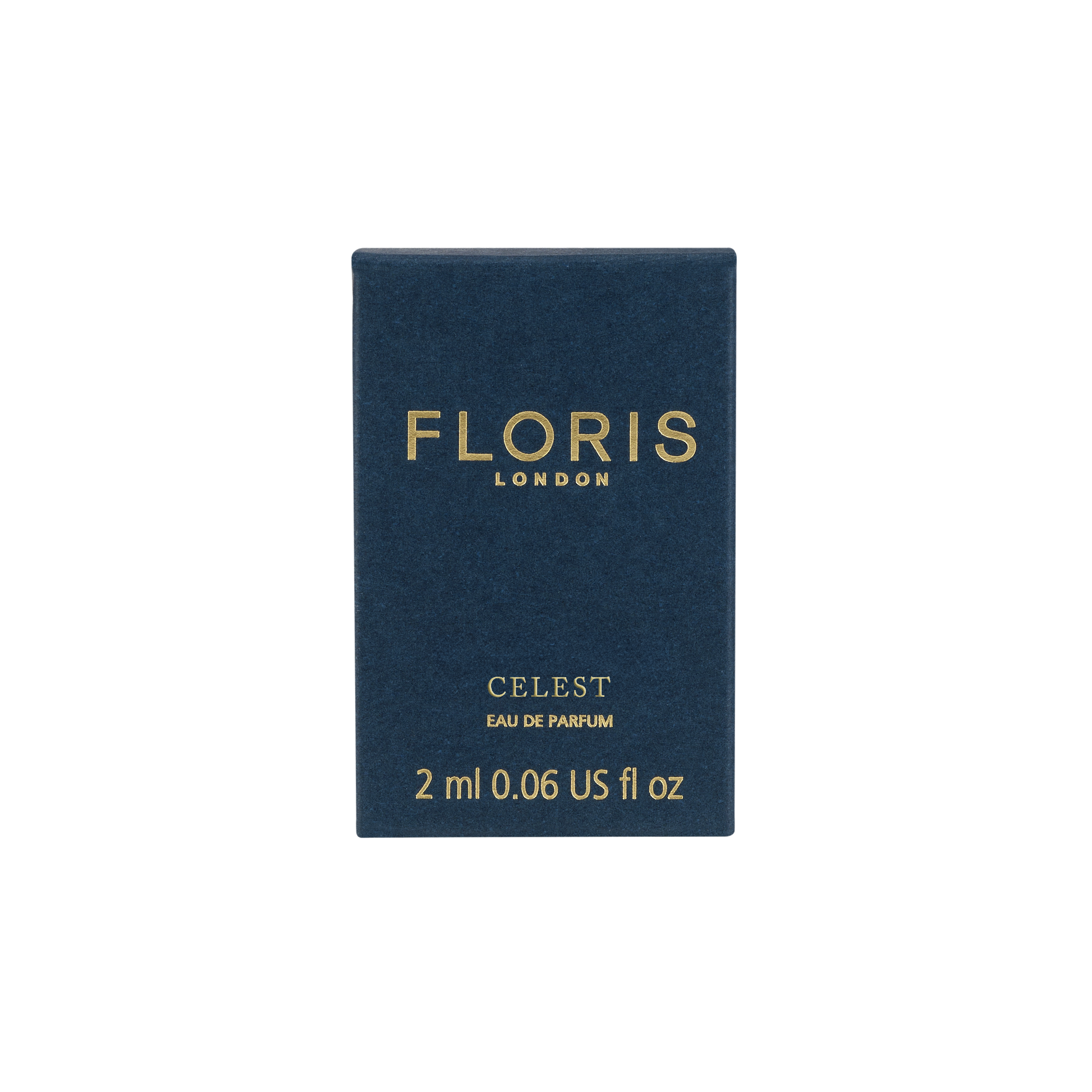 A blue box of Floris London EU Celest - Eau de Parfum, 2 ml, with gold text on the front shown against a plain white background.