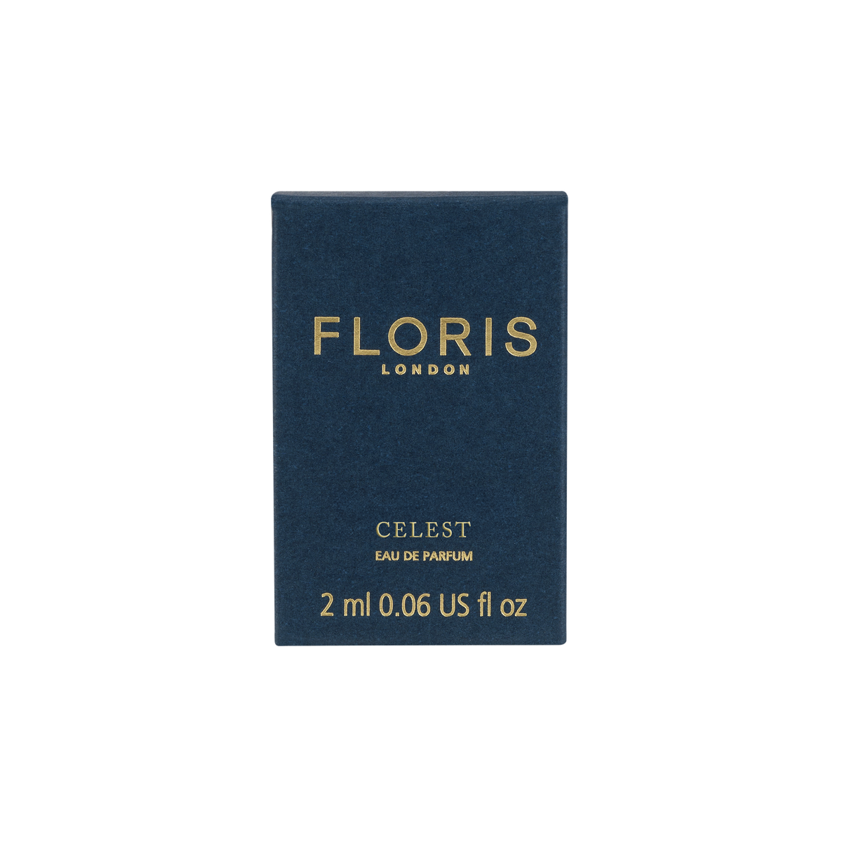 A 2ml Celest - Eau de Parfum box by Floris London UK in navy blue, featuring gold text on a white background.