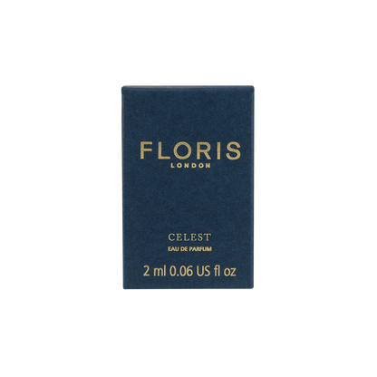 A blue box of Floris London EU Celest - Eau de Parfum, 2 ml, with gold text on the front shown against a plain white background.