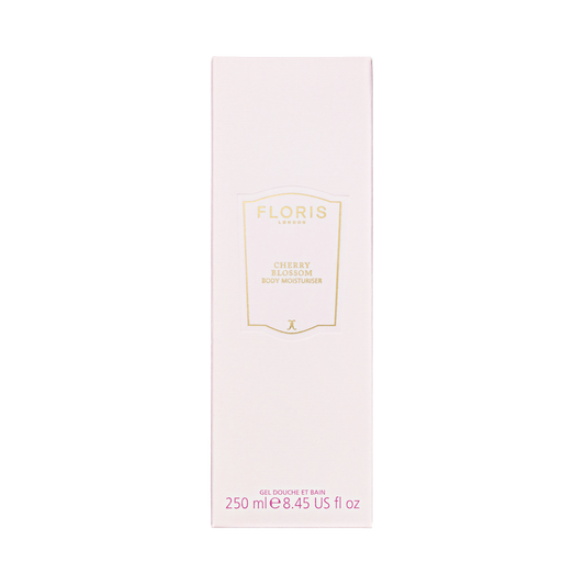A pale pink 250ml Floris London Cherry Blossom - Enriched Body Moisturiser box with gold lettering.