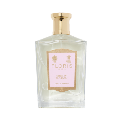 A clear glass bottle of Floris London Cherry Blossom – Eau de Parfum, a floral fruity scent ideal for spring, displayed against a white background.
