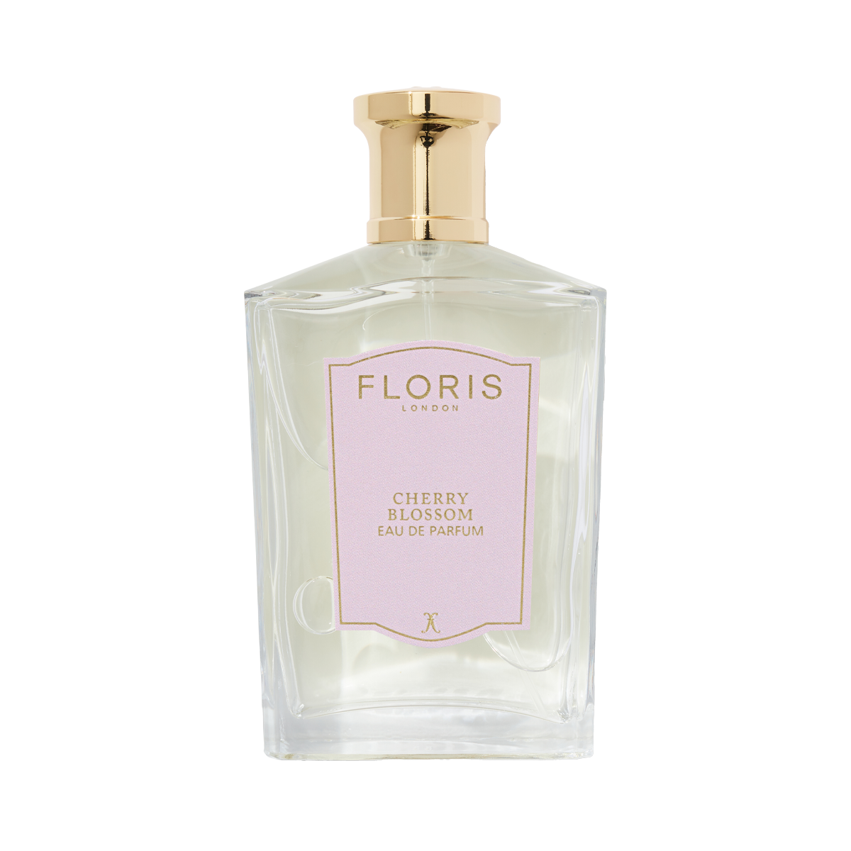 Floris London Cherry Blossom Eau de Parfum in a glass bottle with a gold cap and a pale pink label.
