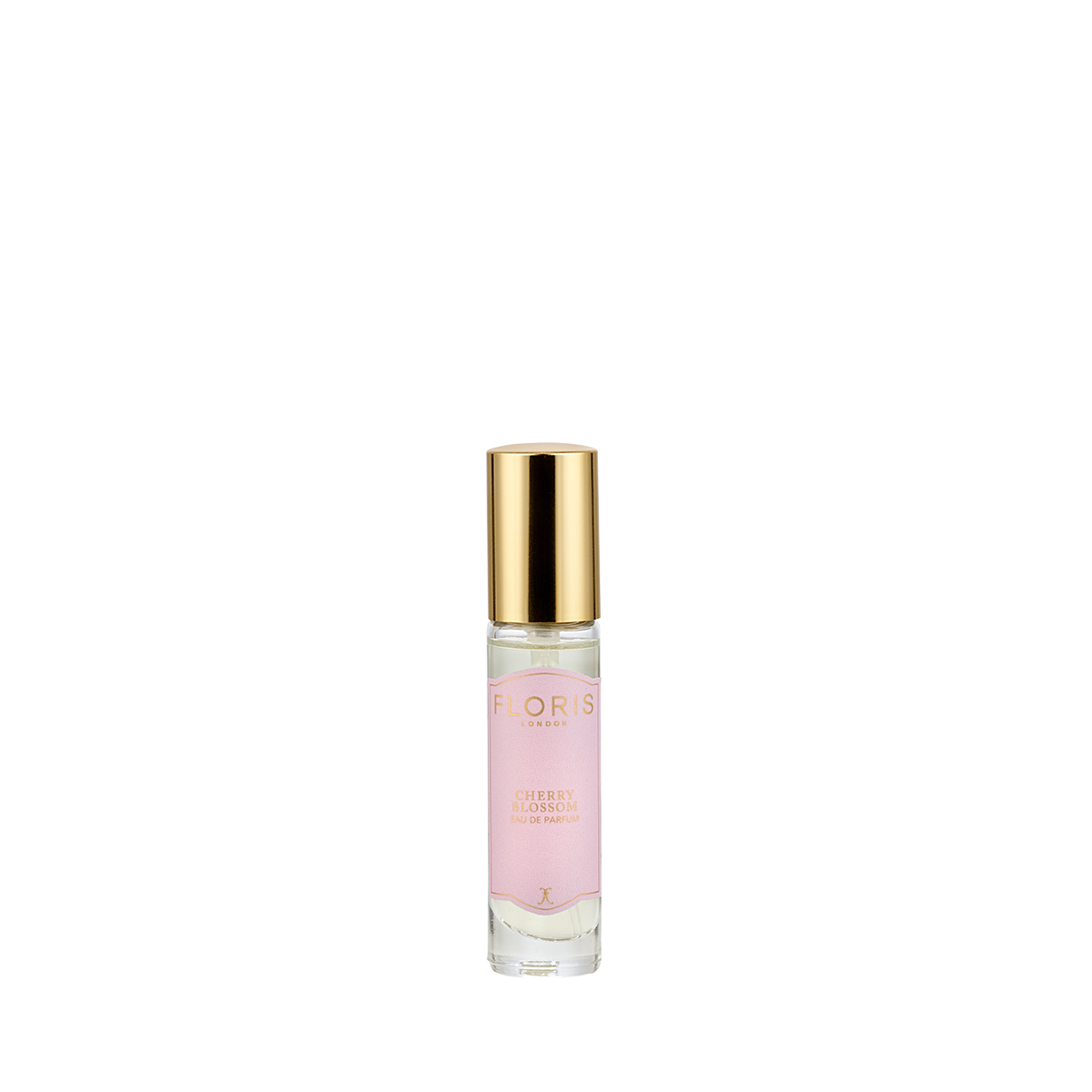 A small glass perfume bottle with a gold cap and pink label reading "Cherry Blossom - Eau de Parfum" by Floris London evokes Hanami’s floral-fruity scent.