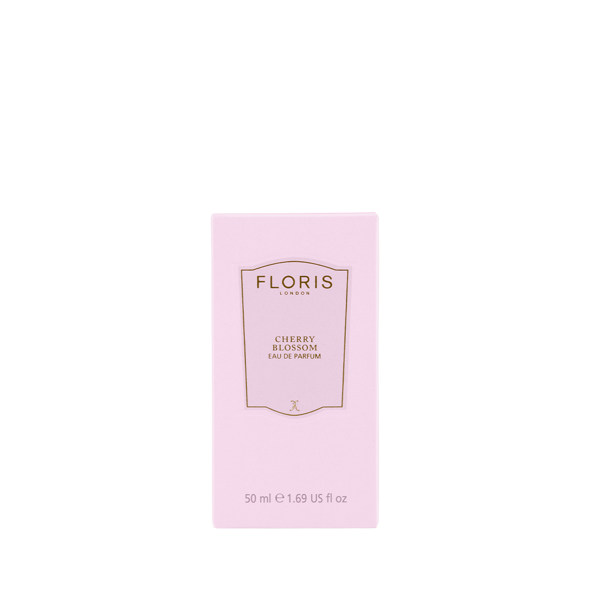 A pink box of Floris London Cherry Blossom - Eau de Parfum, a floral fruity spring scent, is adorned with gold and white label detailing.