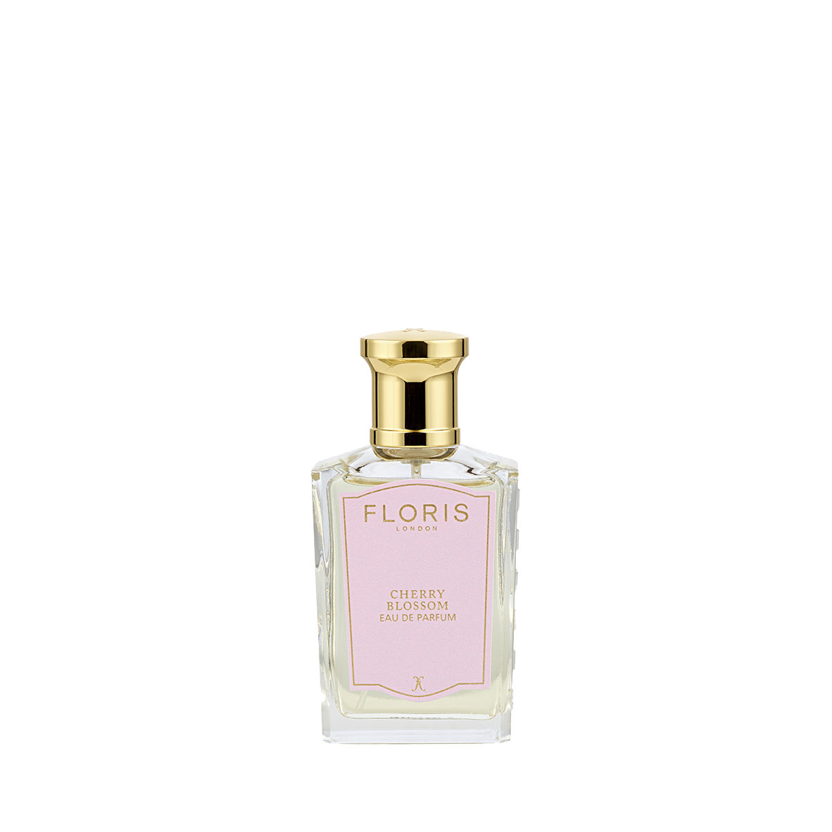 A clear glass bottle of Floris London Cherry Blossom - Eau de Parfum with a gold cap and light pink label, shown on a plain white background.