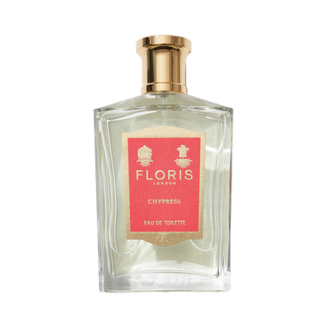 A clear glass bottle of Floris London Chypress - Eau de Toilette, a floral chypre, has a gold cap and a pink front label.