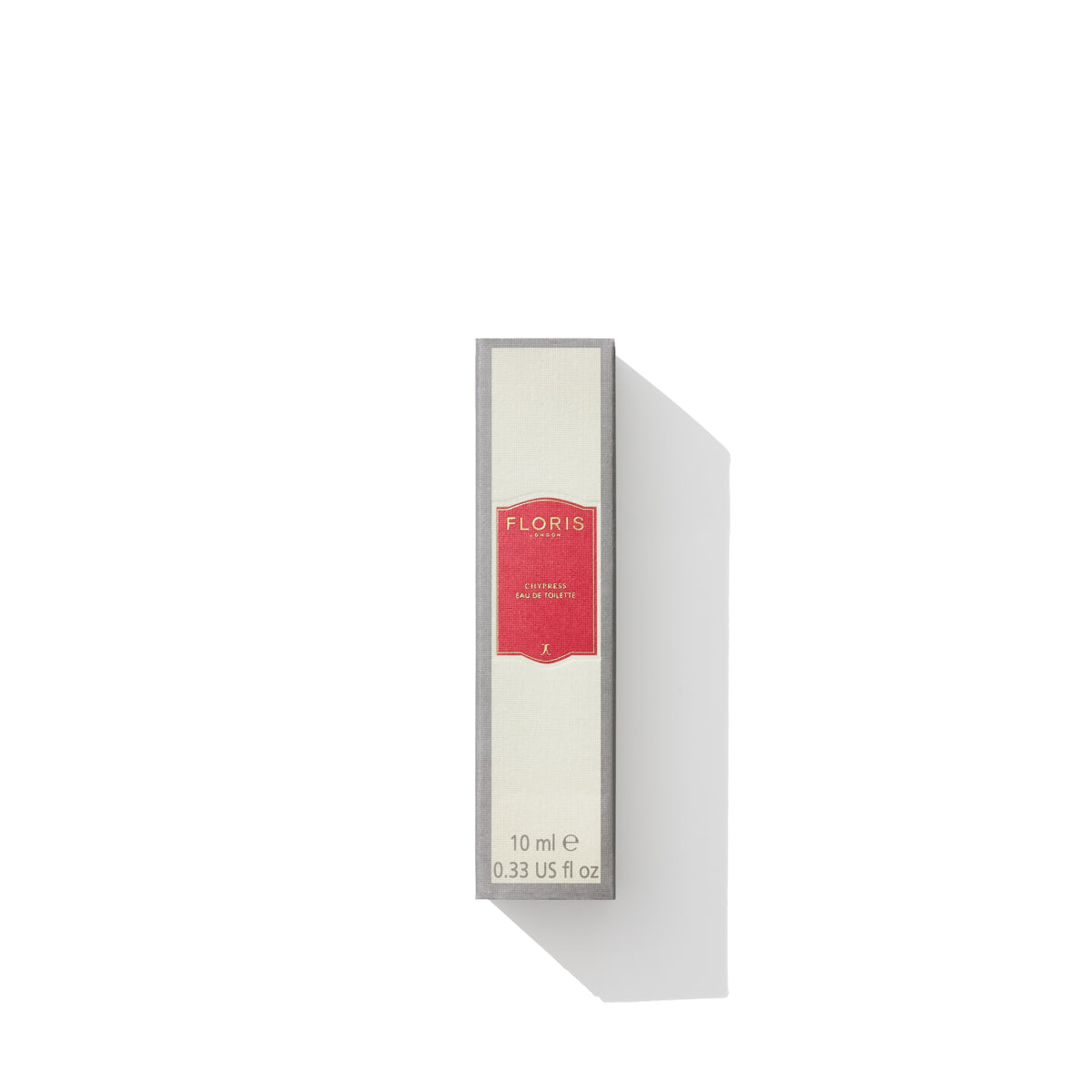 A small rectangular box of Chypress - Eau de Toilette by Floris London, 10 ml (0.33 US fl oz), boasting notes of floral chypre. The light-colored box features a striking red label in the center.