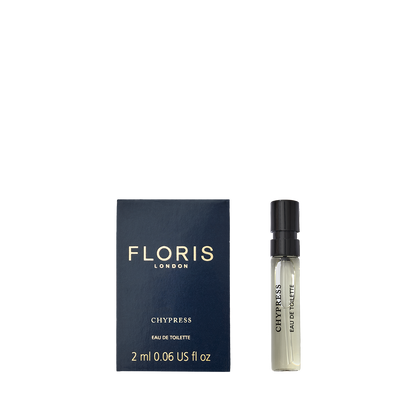 A 2ml Floris London Chypress - Eau de Toilette sample vial with floral chypre notes appears next to its elegant blue box.