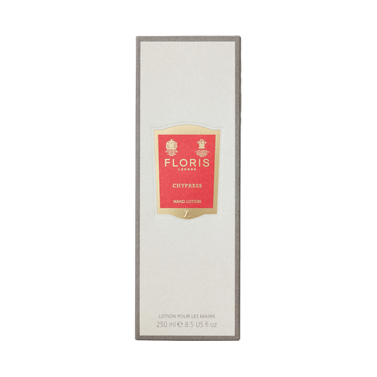 Floris London Chypress - Luxury Hand Lotion, 250ml, with sweet almond oil in a cream and gold box with red accent—perfect for dry skin.