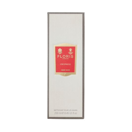 Floris London Chypress - Luxury Hand Wash, 250ml, comes in a rectangular box with a red and gold label, offering a mild Chypress-scented cleanse.