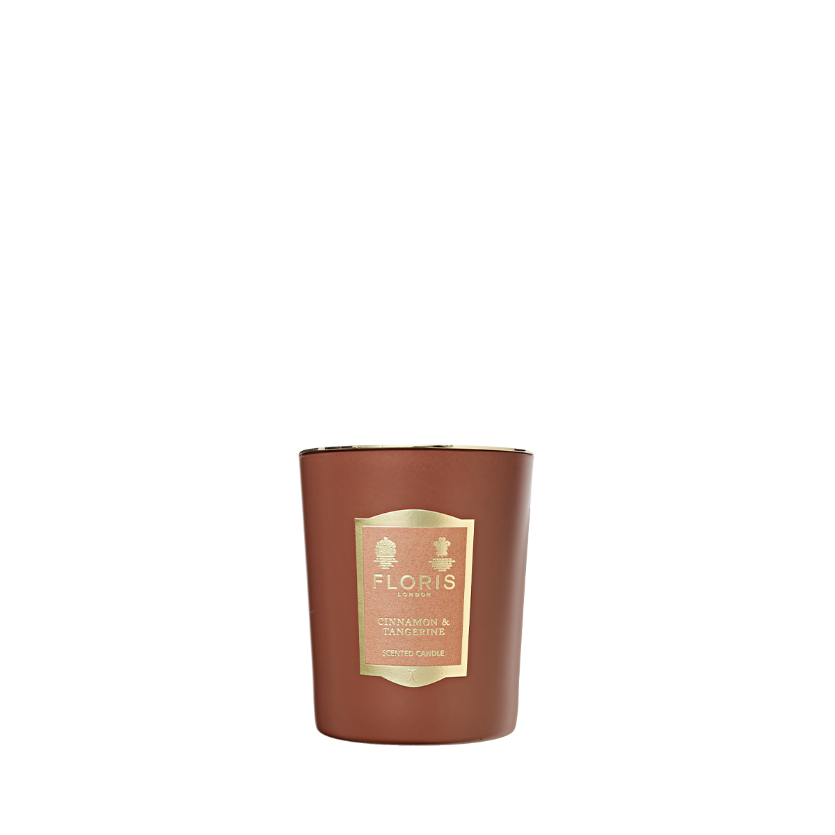 A brown Floris London "Cinnamon & Tangerine" candle, hand poured and richly scented, stands upright against a white background.