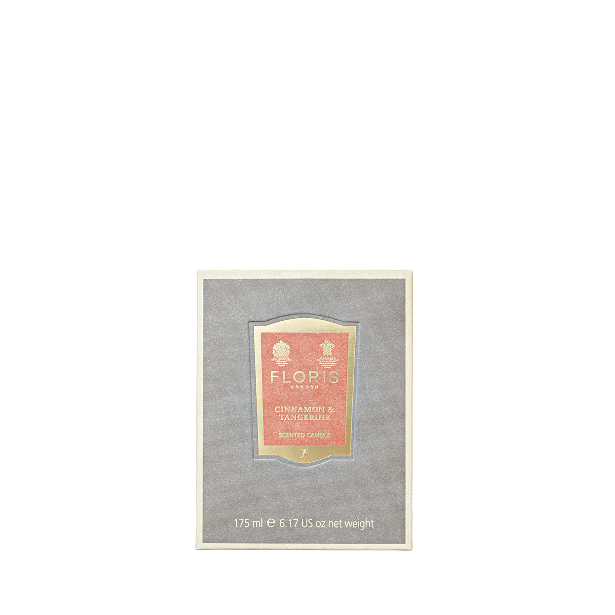 A 175 ml Floris London Cinnamon & Tangerine candle with a gray jar, gold and orange label, is centered on a white background.