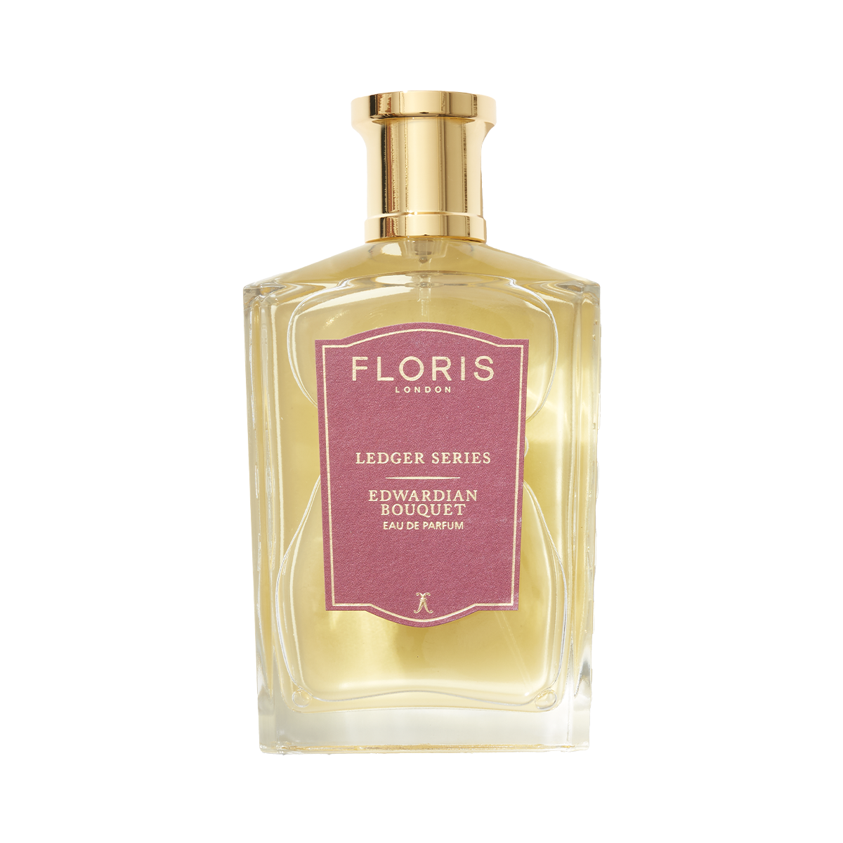 A bottle of Edwardian Bouquet by Floris London EU, a floral scent with amber musk, gold cap, and pink front label.