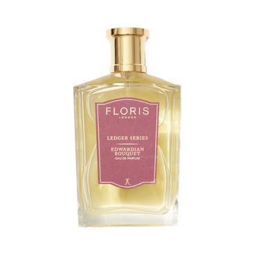 A bottle of Edwardian Bouquet by Floris London EU, a floral scent with amber musk, gold cap, and pink front label.