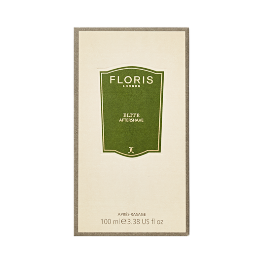 Floris London Elite - Aftershave, 100 ml, in a rectangular box with a green label and white text on beige; features a complex fragrance.