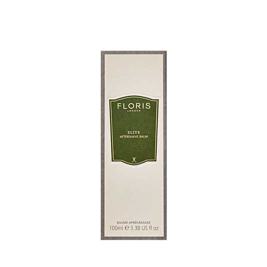 Rectangular box of Floris London Elite Aftershave Balm 100ml with a green label on beige background and product details at the bottom.