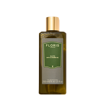 A 250 ml bottle of Floris London Elite - Moisturising Bath & Shower Gel with a green label and gold cap, set against a plain white background.