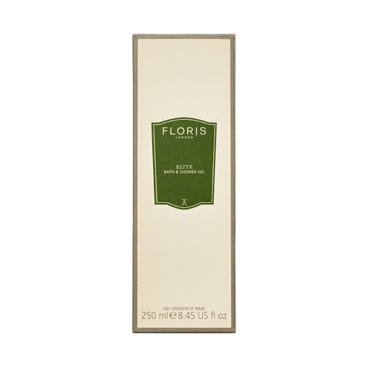 Floris London Elite - Moisturising Bath & Shower Gel, 250ml, in a cream box with green label, features woody green notes.