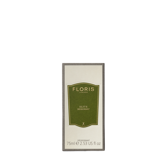 Rectangular box of Floris London EU Elite - Deodorant Stick, 75ml, featuring a green and white label on the front against a plain background.