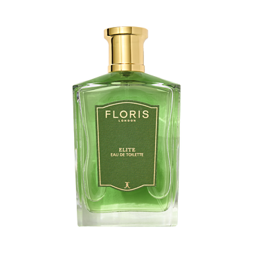 A clear glass bottle of Floris London Elite - Eau de Toilette with a green label, gold cap, and green liquid, set against a white background.