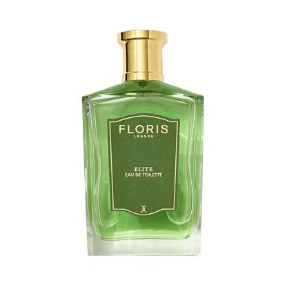 A clear glass bottle of Floris London Elite - Eau de Toilette with a green label, gold cap, and green liquid, set against a white background.