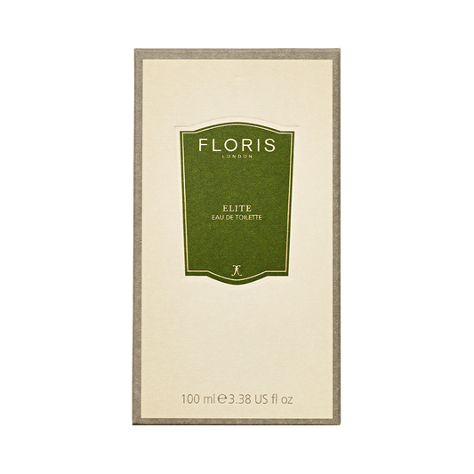 Floris London's Elite Eau de Toilette, 100 ml, comes in a beige box with a green label and embodies woody notes.