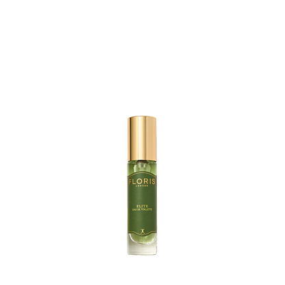 A small glass bottle of Floris London Elite - Eau de Toilette, with a gold cap and green label, is set against a white background.