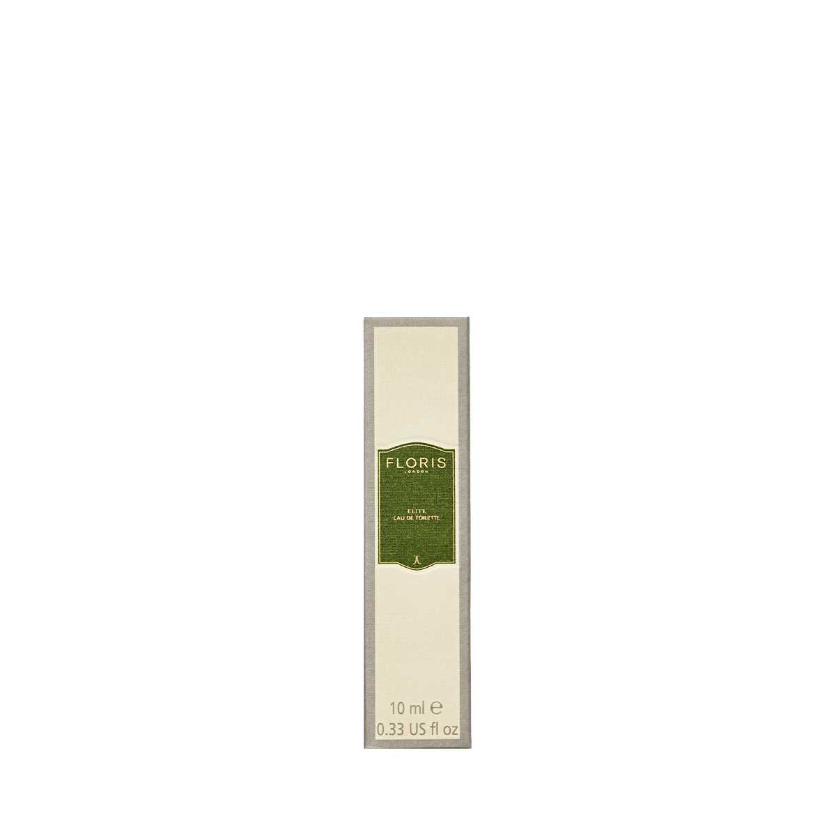 Tall cream and green Floris London box labeled "Elite - Eau de Toilette, 10 ml" with decorative accents, infused with woody notes.
