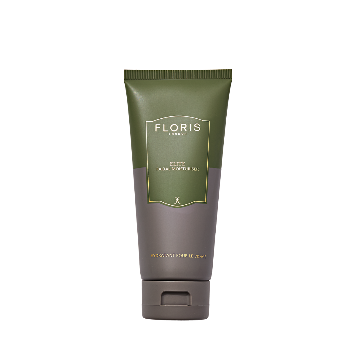 A green tube of Floris London UK Elite Moisturiser stands upright, providing hydration and antioxidant protection against a white background.