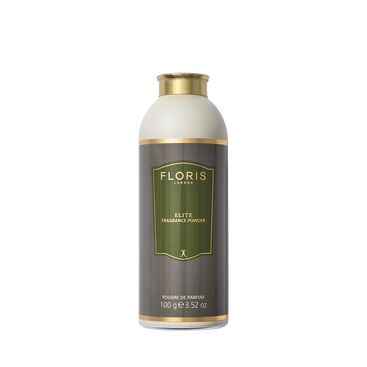 A 100g cylindrical bottle of Floris London EU Elite - Fragrance Powder with aloe vera, gold cap, and green label to soothe and protect skin.