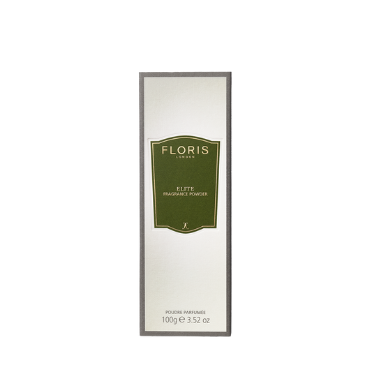Floris London EU Elite Fragrance Powder with aloe vera soothes and protects skin; comes in a 100g (3.52 oz) rectangular box with a green label.