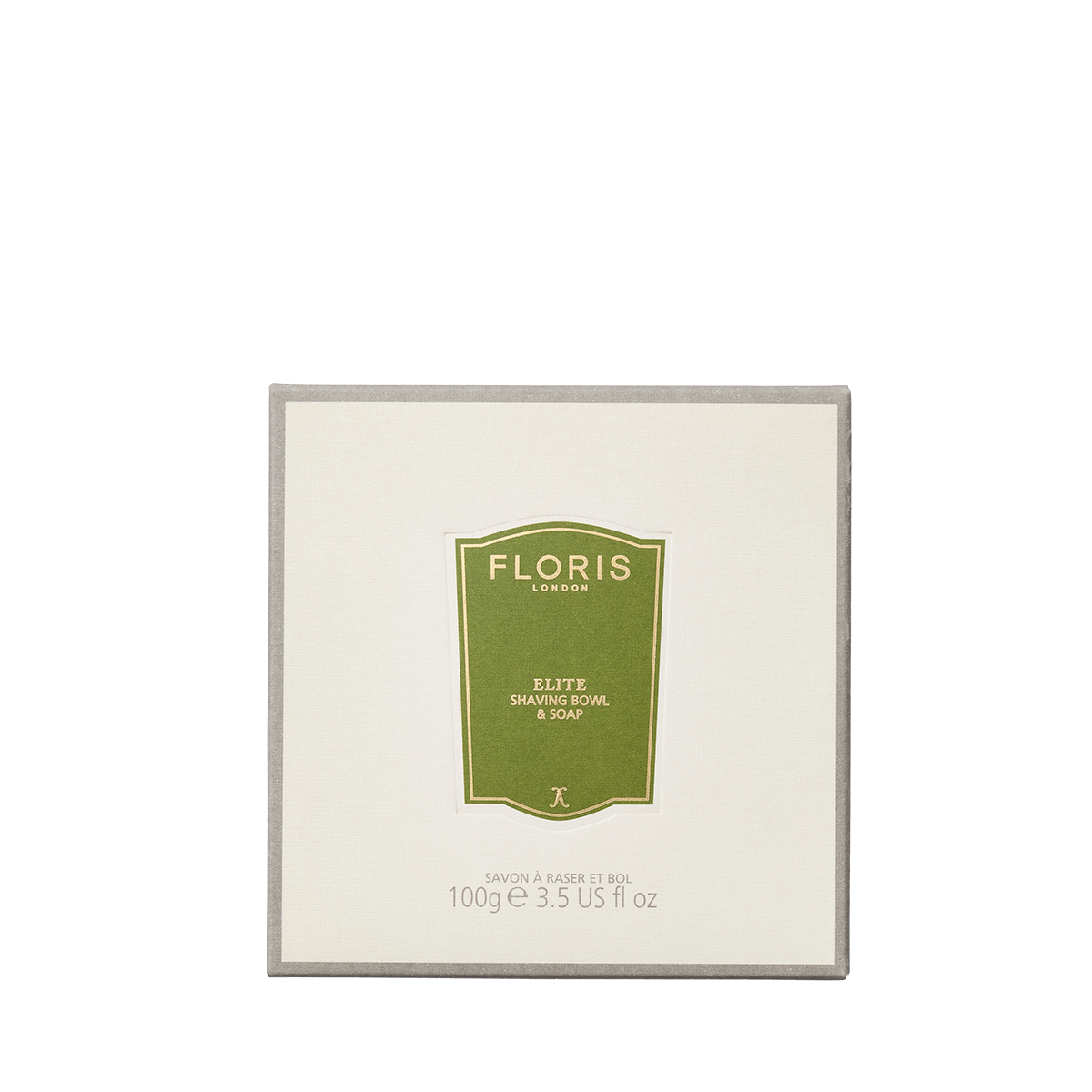 A square box of Floris London Elite - Shaving Soap & Bowl, green label, 100g wooden bowl, shown on a cream background.