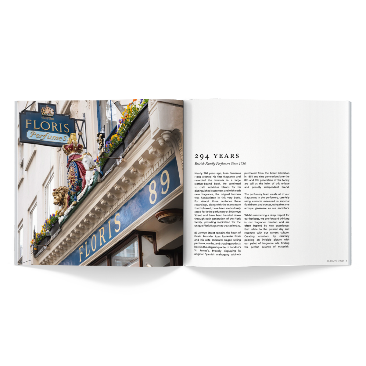 An open coffee table book reveals a photo of a building with a "Floris Perfumes" sign and on the right, a page of text titled "294 YEARS." This image is part of the Floris London EU 2024|25 Catalogue, celebrating their legacy in crafting exquisite fragrances.