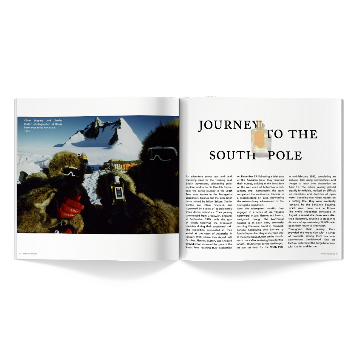 An open book, reminiscent of a coffee table book, reveals a photograph of two explorers in cold-weather gear on the left and an article titled "Journey to the South Pole" on the right. This is from the 2024|25 Catalogue by Floris London EU, which seamlessly blends adventure with timeless fragrances.