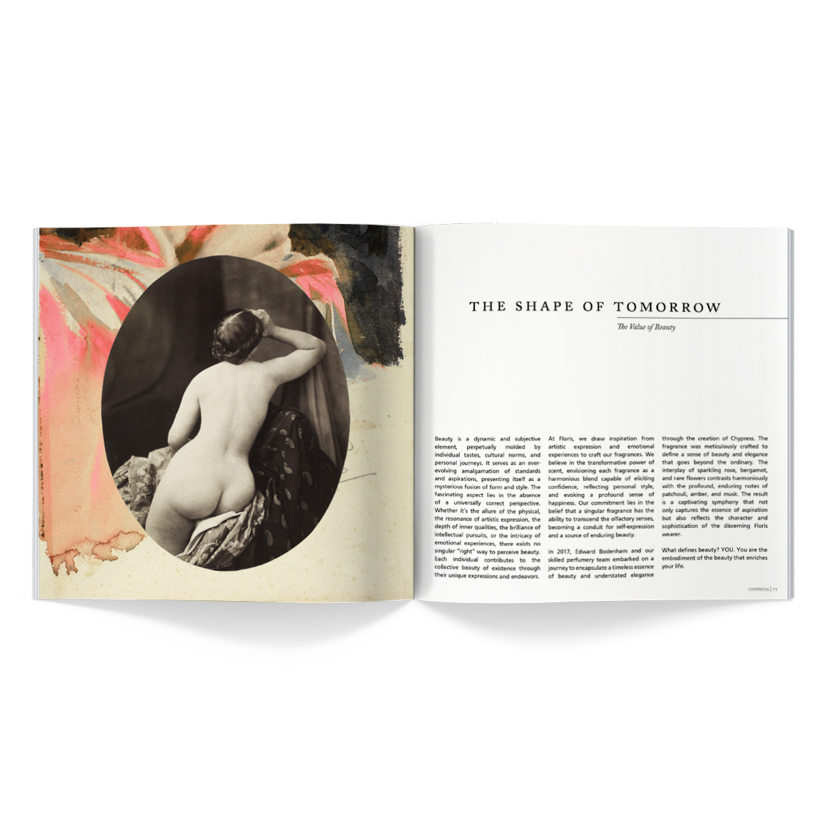 An open coffee table book displays an old photograph of a nude woman seated with her back to the camera on the left page, and an article titled "THE SHAPE OF TOMORROW" from the Floris London EU 2024|25 Catalogue on the right page.