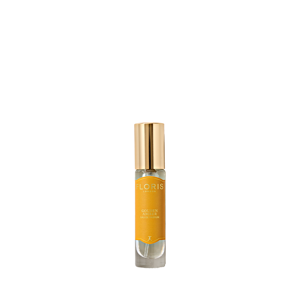 Floris London's Golden Amber Eau de Parfum in a clear glass bottle with a golden cap and orange label.