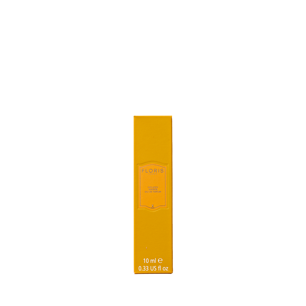 Floris London Golden Amber Eau de Parfum, in a yellow box, contains 10 ml (0.33 US fl oz) of vegan scent with amber hints.