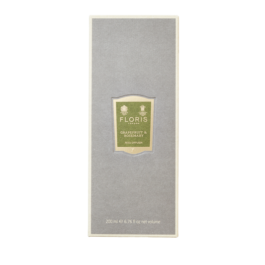 Gray packaging for a 200ml Floris London diffuser, scent: Grapefruit & Rosemary with a hint of jasmine.