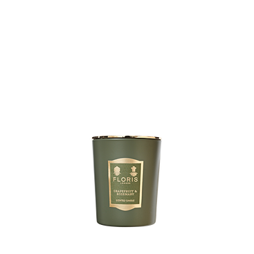 A green hand-poured Floris London Grapefruit & Rosemary Candle with a gold label is displayed against a plain white background.