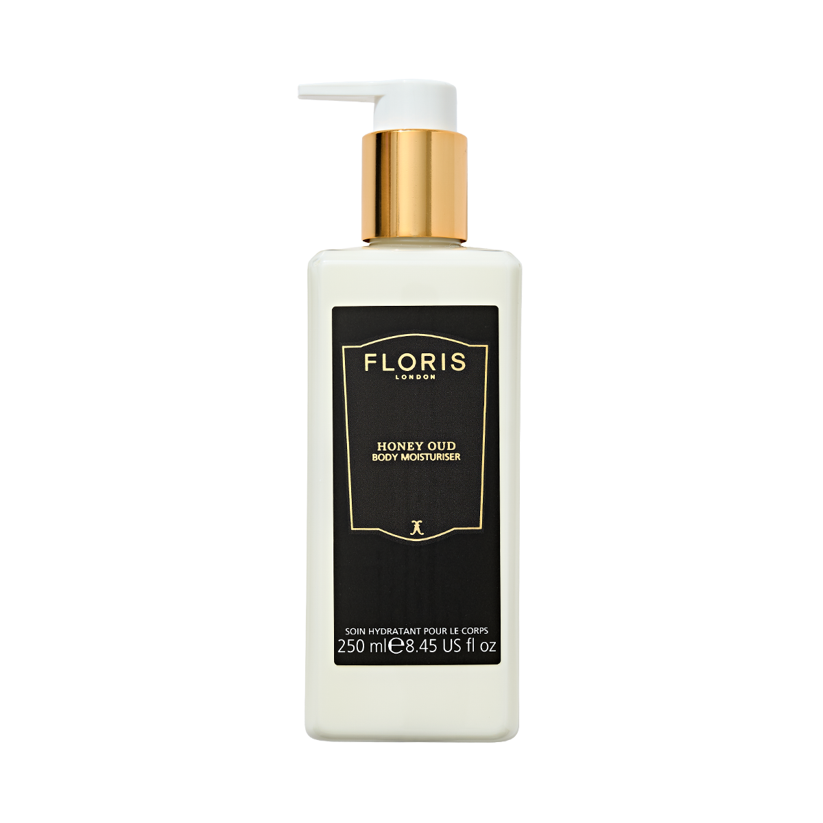 A 250ml white pump bottle of Floris London UK Honey Oud Body Moisturiser, enriched with English honey and oud oil, with a gold and black label.