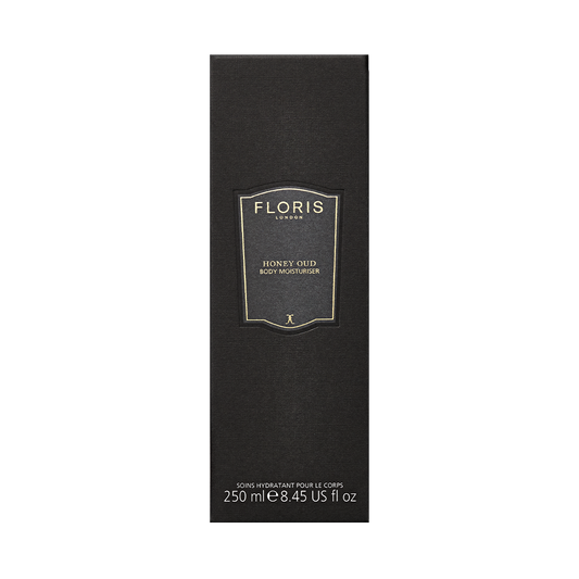 A 250ml Floris London UK Honey Oud Body Moisturiser in a black box with gold and white text, featuring a luxurious oud oil fragrance.