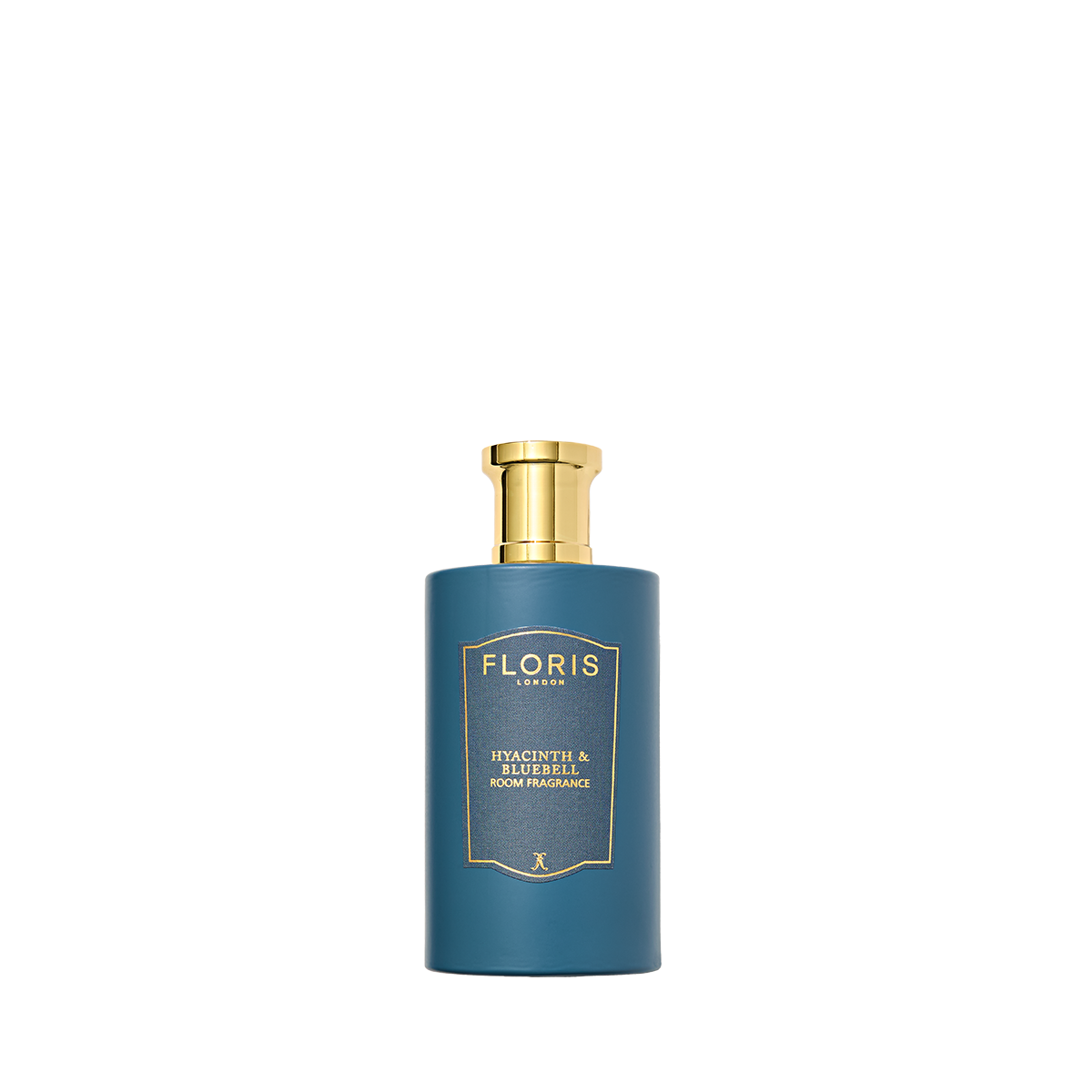 A blue bottle of Floris London Hyacinth & Bluebell Room Fragrance with a gold cap captures green floral spring notes, shown on a white background.