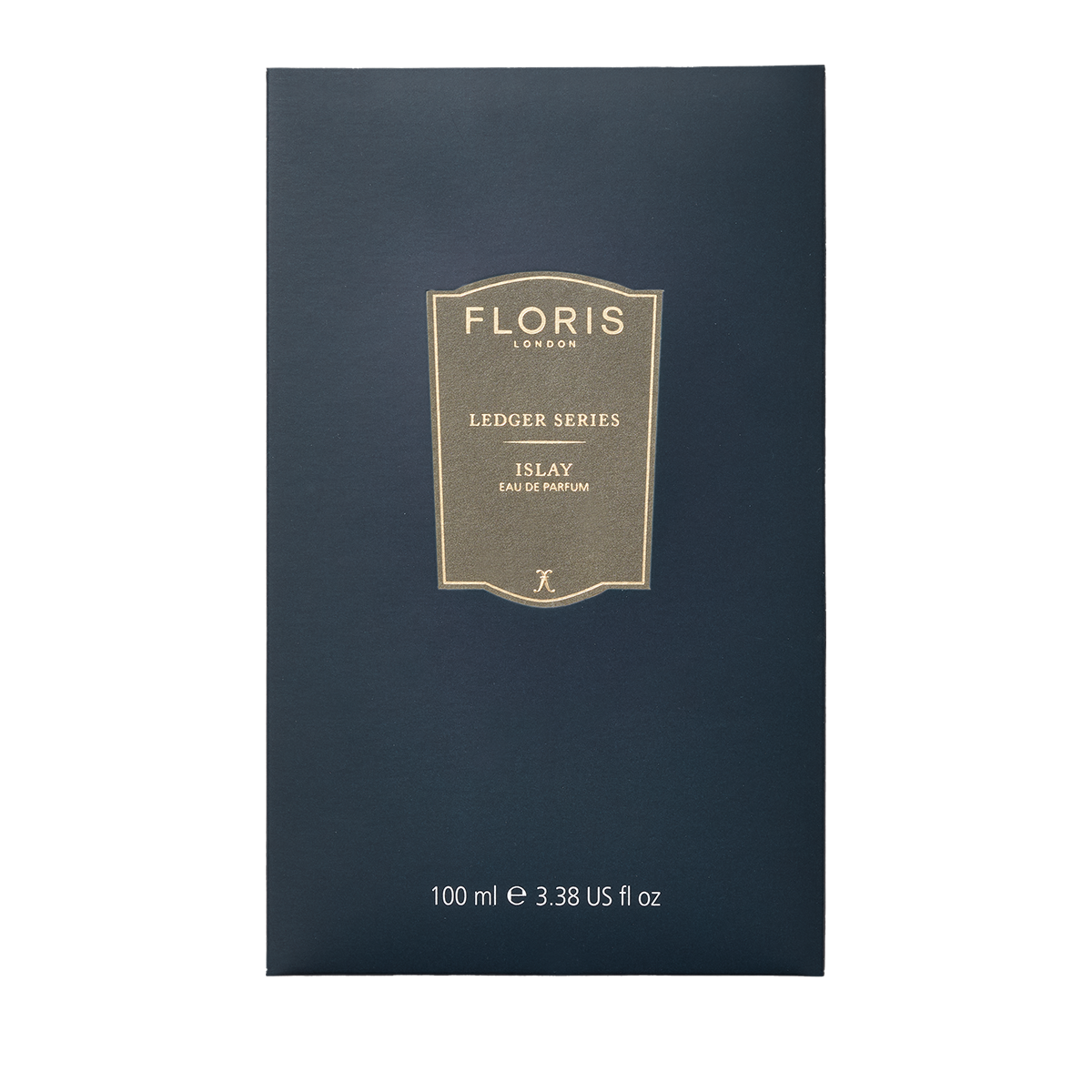 A navy blue rectangular box labeled "Islay" by Floris London EU, with gold and white text, featuring a peaty smoky scent.