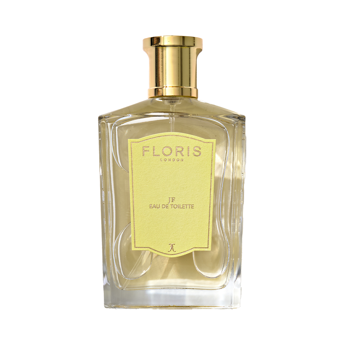 A clear glass bottle of Floris London JF - Eau de Toilette, a citrus woody men’s scent, with a gold cap and yellow label shown against a plain background.