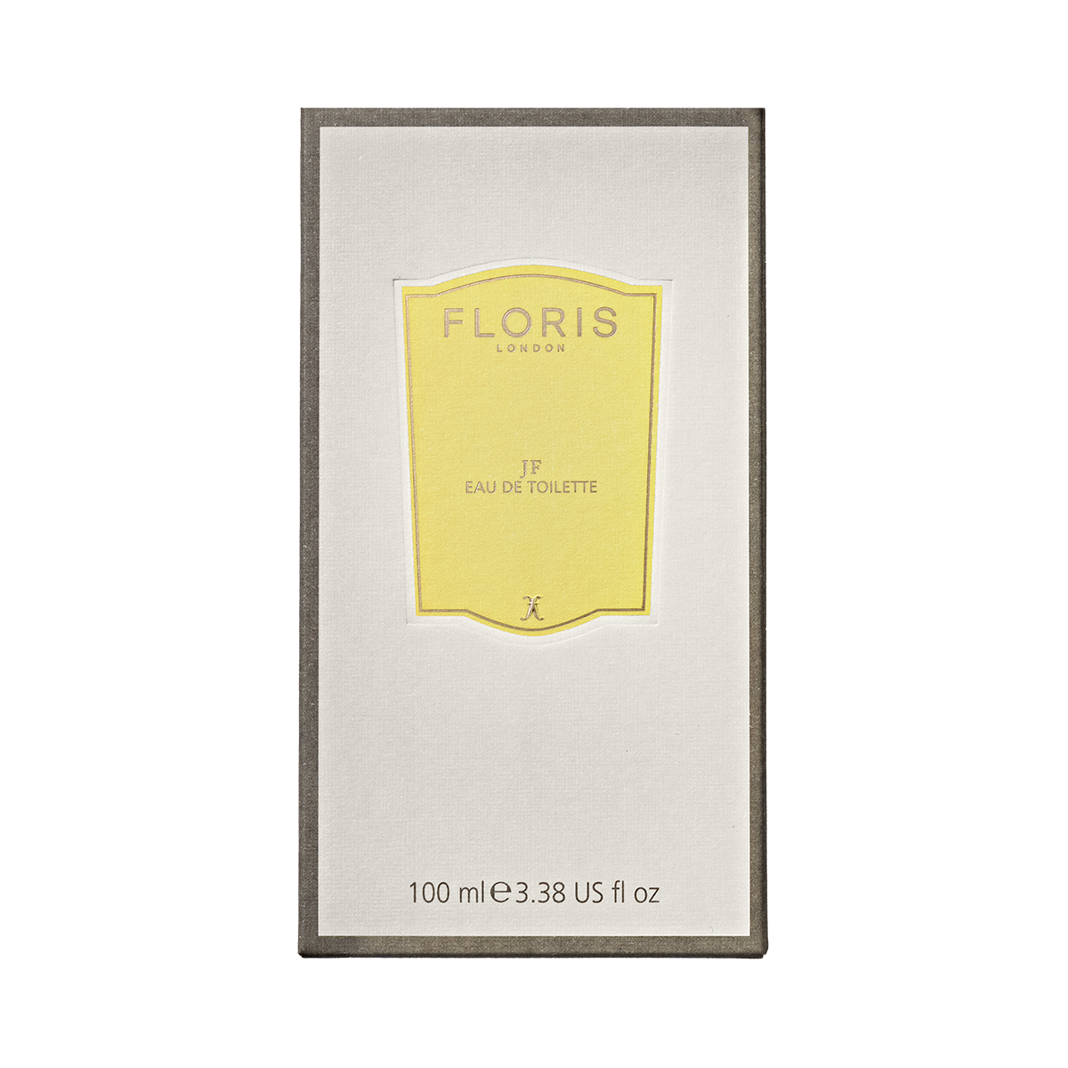 Rectangular box of Floris London JF - Eau de Toilette, a citrus woody men’s fragrance, 100 ml, with yellow label on white-grey background.