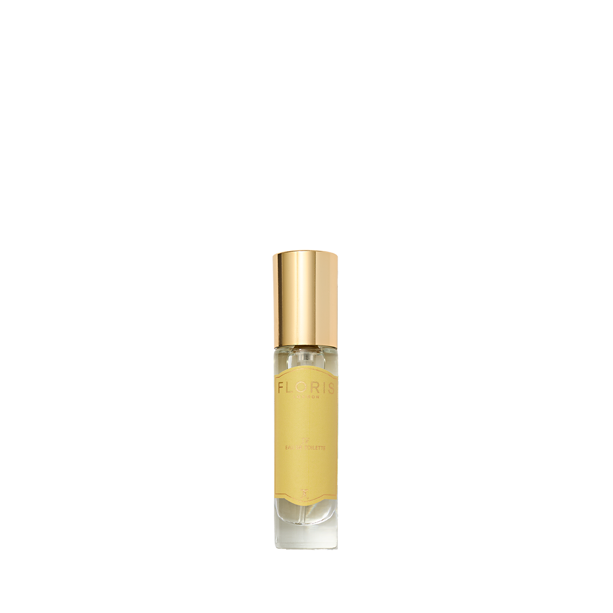 A small clear glass bottle with light yellow liquid and shiny gold cap, labeled "Floris London JF"—a refined citrus woody Eau de Toilette for men.